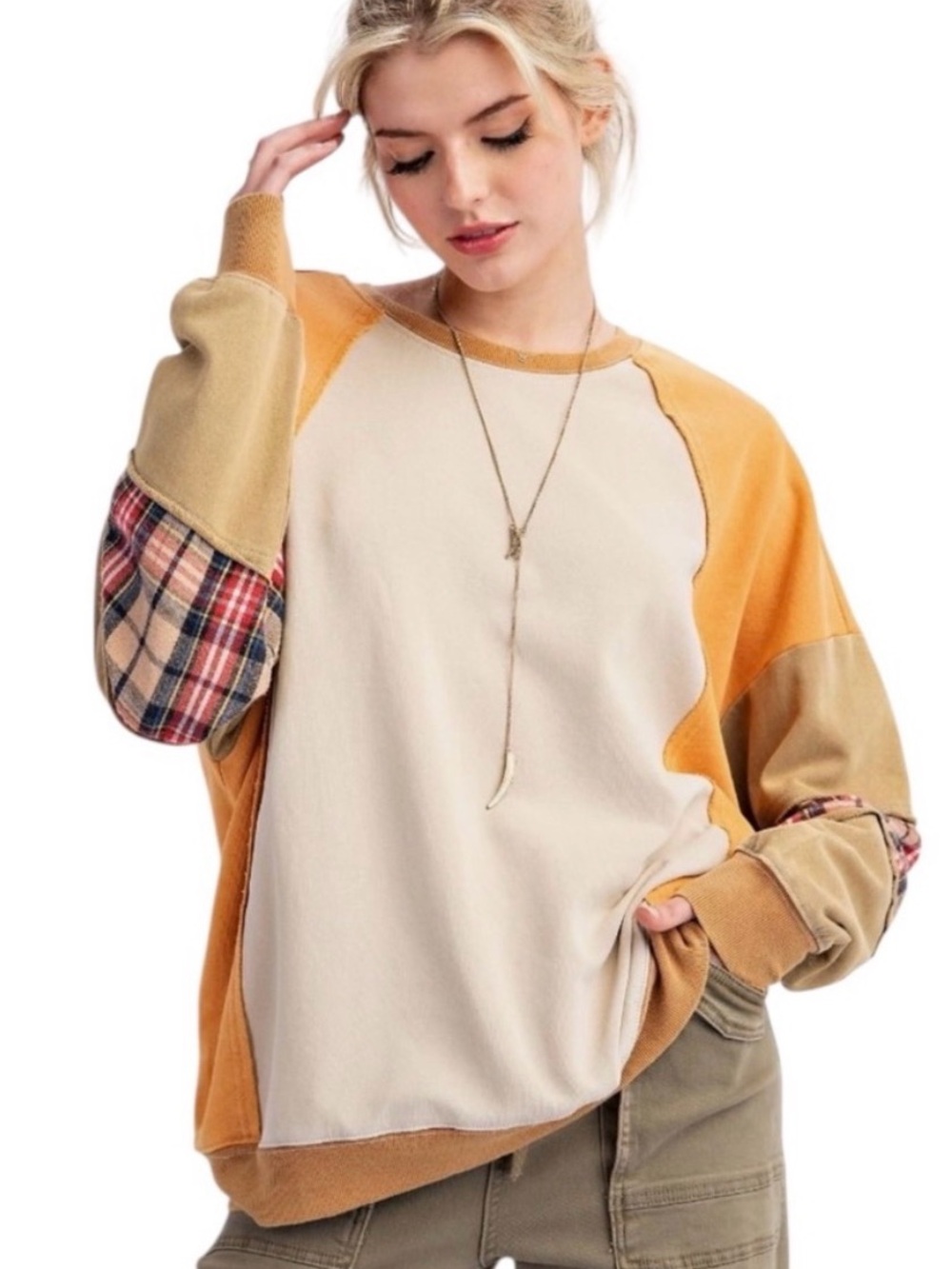 easel Coconut Caramel Colorblock Plaid Sleeve Oversized Sweatshirt